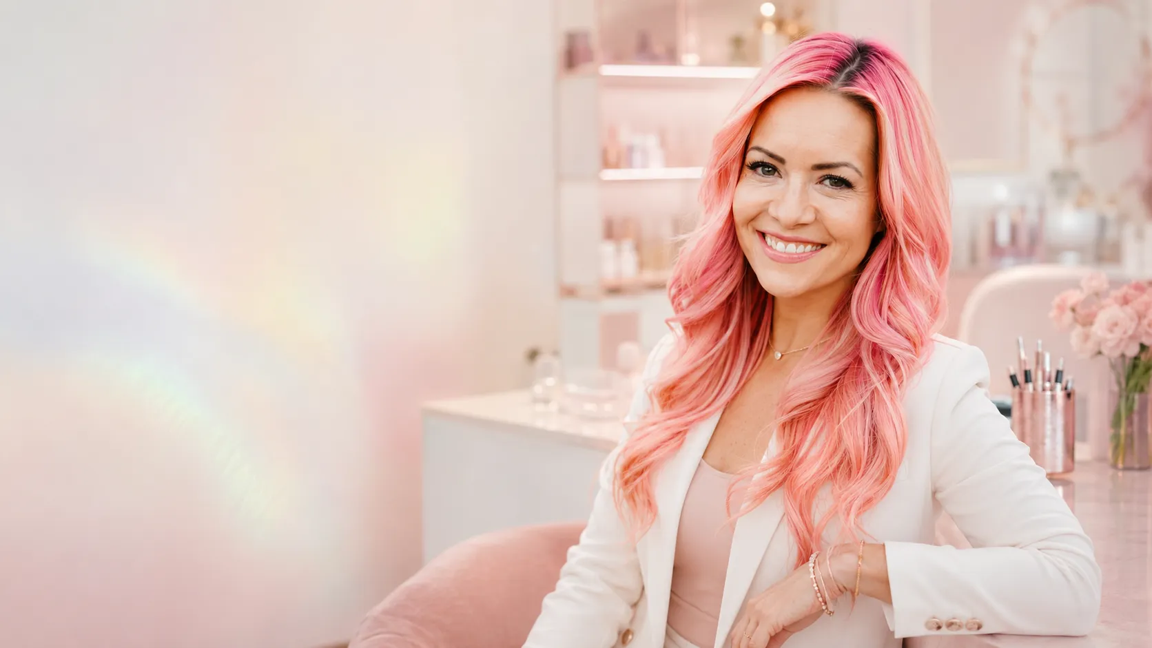 Cristianne Love in her soft pink Iridescent Cosmetics studio