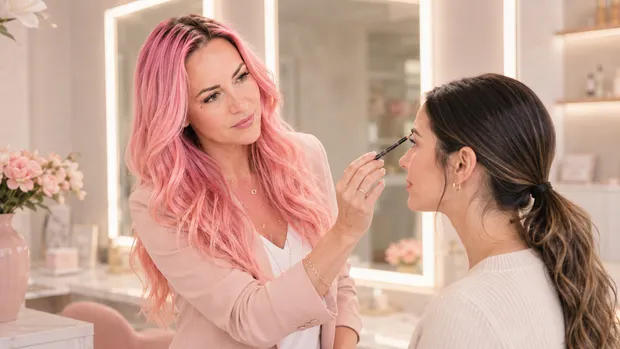 Cristianne Love demonstrating permanent makeup technique with a client